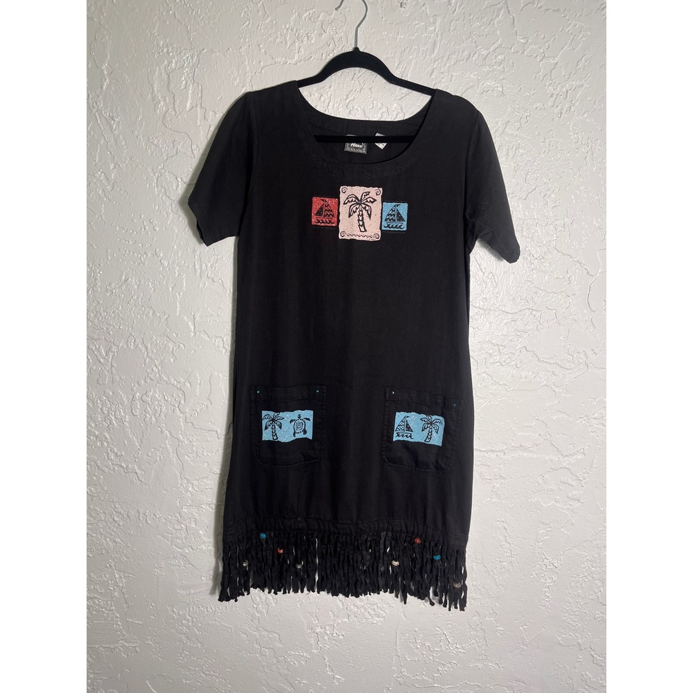 By‎ Anne Black Fringe Tunic Dress Womens S Tropical Patch Pocket Cotton Boho